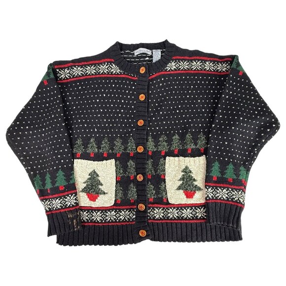 Northern Isles Sweaters - VTG Northern Isles Christmas Tree Cardigan Sweater Size Large Black Nordic Style